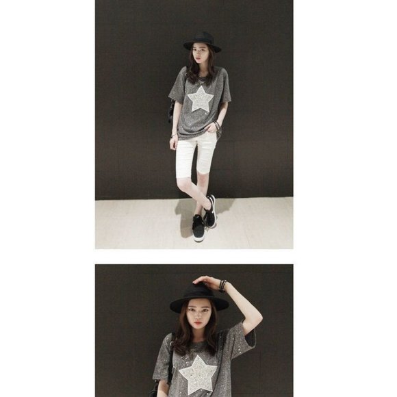 Short-Sleeve Star Printed Glitter T-Shirt Tee Size Small Gray - Picture 9 of 10